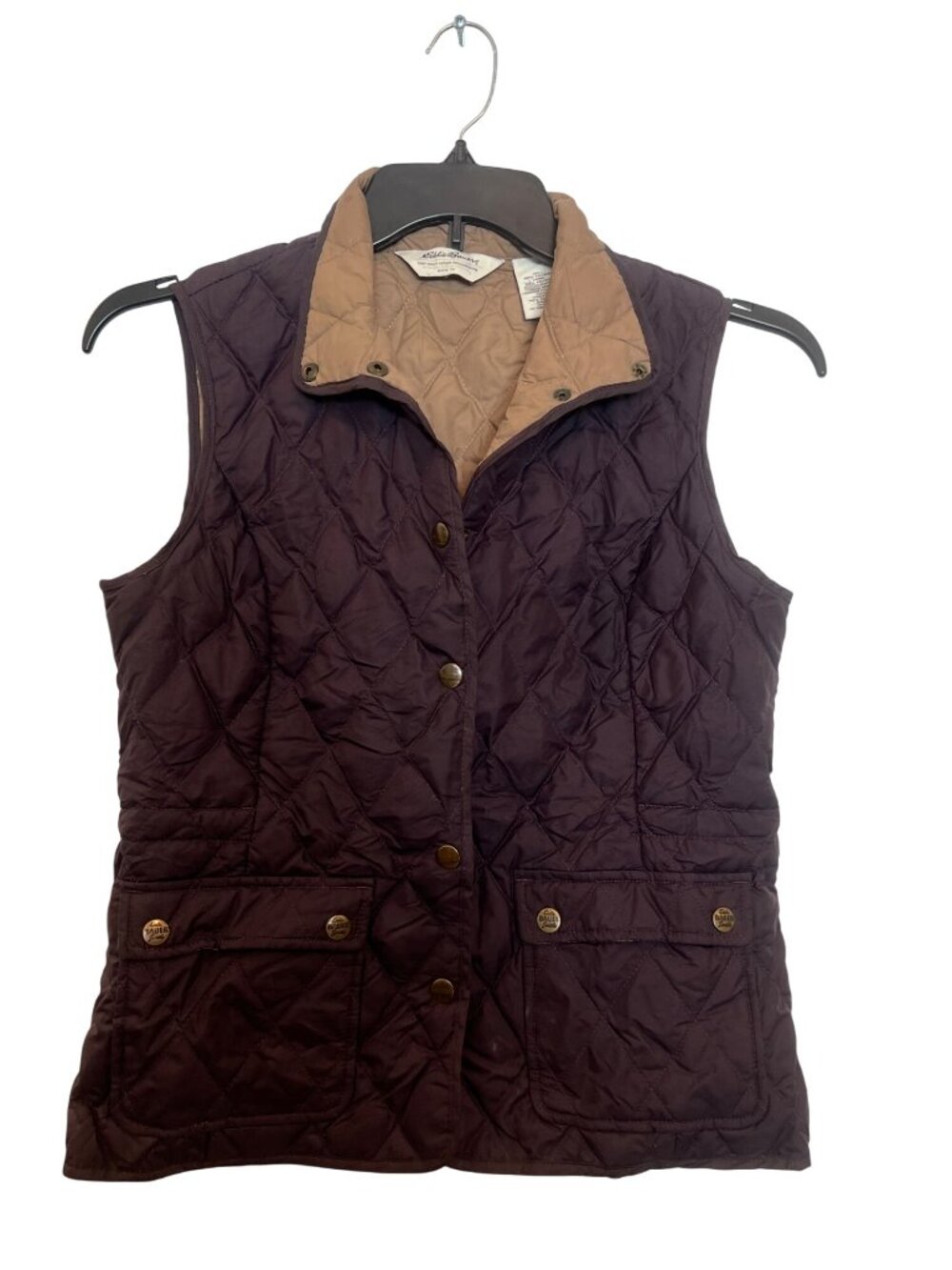 Vintage Eddie Bauer Womens Quilted Down Vest S Brown With Button Pockets & Contr